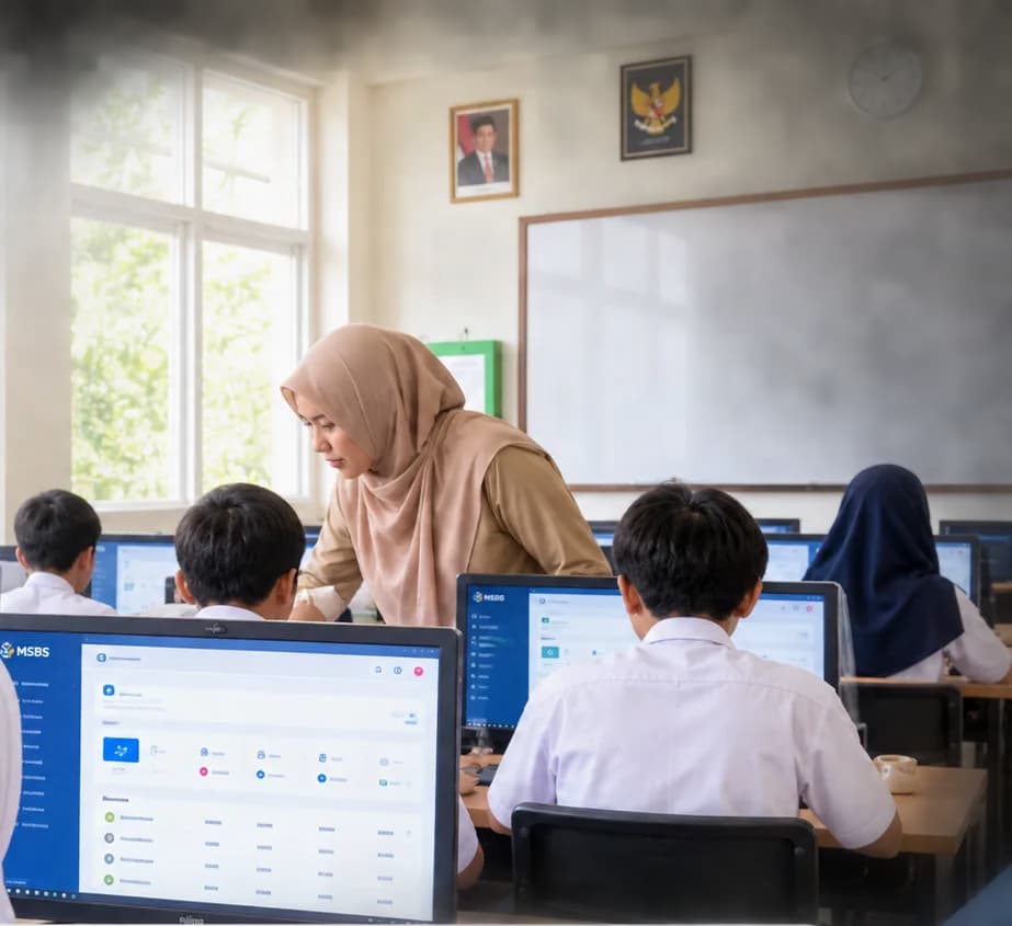 Guru mendampingi siswa yang sedang memakai MSBS di laboratorium komputer sekolah